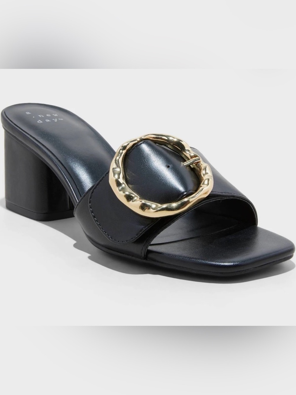A New Day Black Buckle Mule Heels Gold Hardware Women’s Size 11